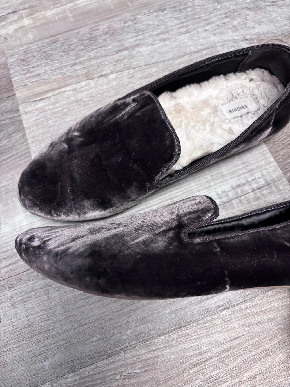Birdies Velvet The Starling Faux-Fur Lined Flats Deep Gray
